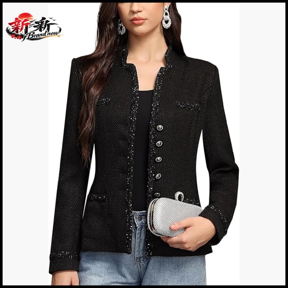Stand Notch Lapel Suit Jacket Tailored Fit Polyester Rayon Tweed Blazer